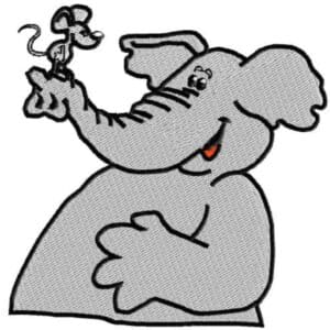 Cartoon elephant with a mouse on its trunk, smiling.