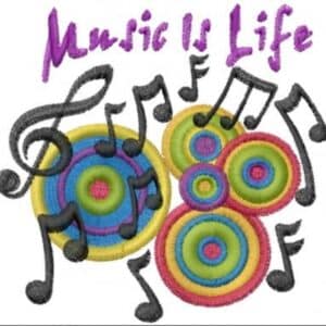 Colorful musical design with treble clef, notes, and concentric circles. Text: "Music is Life.