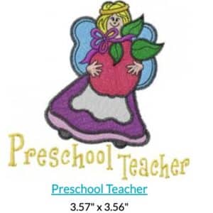 Cute preschool teacher embroidery design with an apple. Text: "Preschool Teacher".
