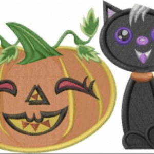 Cute Halloween embroidery design: smiling pumpkin with a black cat