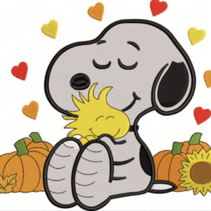 Snoopy hugging Woodstock surrounded by pumpkins and hearts, fall themed.
