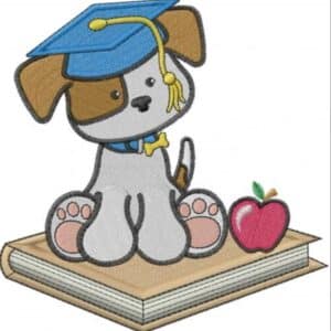 Cute cartoon puppy with graduation cap sitting on a book next to an apple.