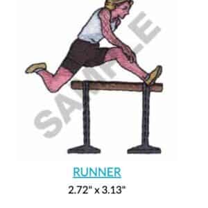 Runner jumping over a hurdle. Embroidery design for track and field or athletic events.