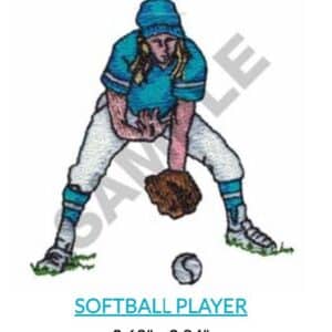 Softball player fielding a ball. Image dimensions: 2.62" x 2.84".