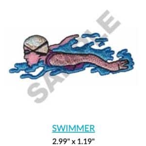 Swimmer wearing a cap and goggles, swimming freestyle in blue water. "SWIMMER" 2.99" x 1.19