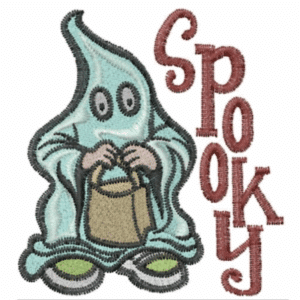 Cartoon ghost holding a bag with the word "Spooky" beside it