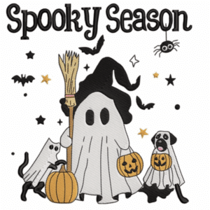 Spooky Season: Ghost, cat, dog, and pumpkin Halloween art.