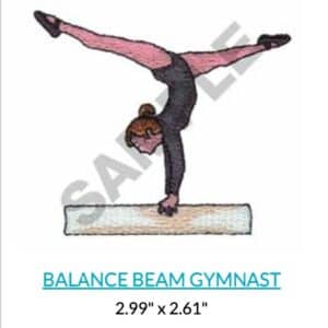 Gymnast in handstand on balance beam. "BALANCE BEAM GYMNAST" 2.99" x 2.61