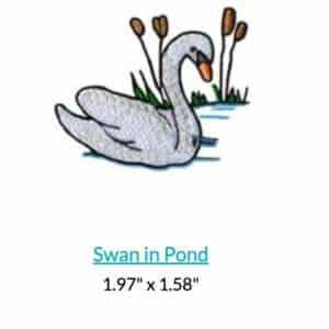 Embroidery design of a swan swimming in a pond with reeds, titled "Swan in Pond.