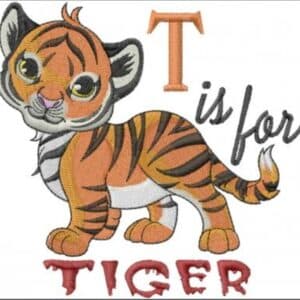 Cute cartoon tiger cub illustration with "T is for Tiger" text.