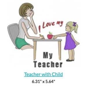 Teacher with child art: Teacher at desk with apple, "Love my Teacher" text.