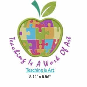 Apple made of puzzle pieces with leaves, text: "Teaching Is A Work Of Art".