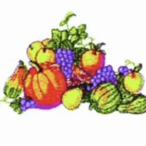 Colorful still life of fruits and vegetables including a pumpkin, grapes, apples, and a lemon.