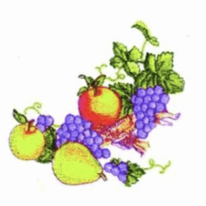 Still life of apples, a pear, and grapes with green leaves.