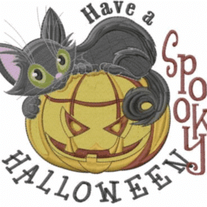 Black cat on a jack-o'-lantern with "Have a Spooky Halloween" text. Halloween image.