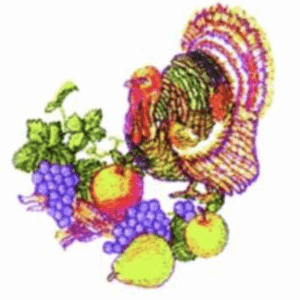 Colorful drawing of a turkey surrounded by grapes, apples, and a pear.