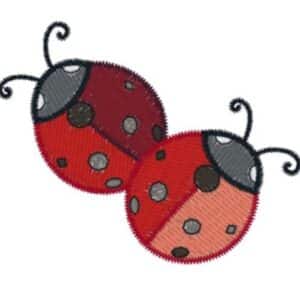 Two cute cartoon ladybugs with red bodies and black spots.