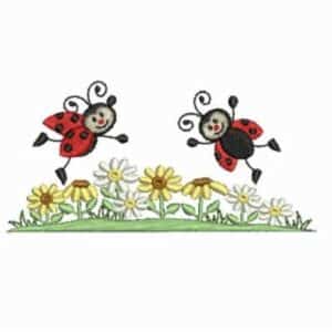 Two ladybugs flying over a flower garden with yellow and white daisies.