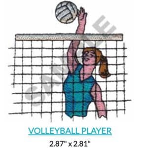 Volleyball player spiking the ball over the net. Text: Volleyball Player, 2.87" x 2.81
