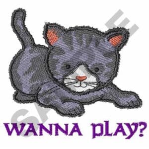 Cute gray kitten with stripes lying down, text "Wanna play?