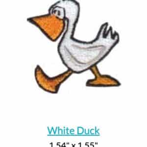 Cartoon white duck walking, with orange beak and feet. Fun, whimsical design.