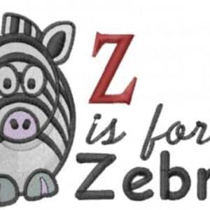 Cartoon zebra with "Z is for Zebra" text. Cute animal alphabet illustration.