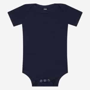 Navy blue baby jersey short sleeve one piece bodysuit on a white background.