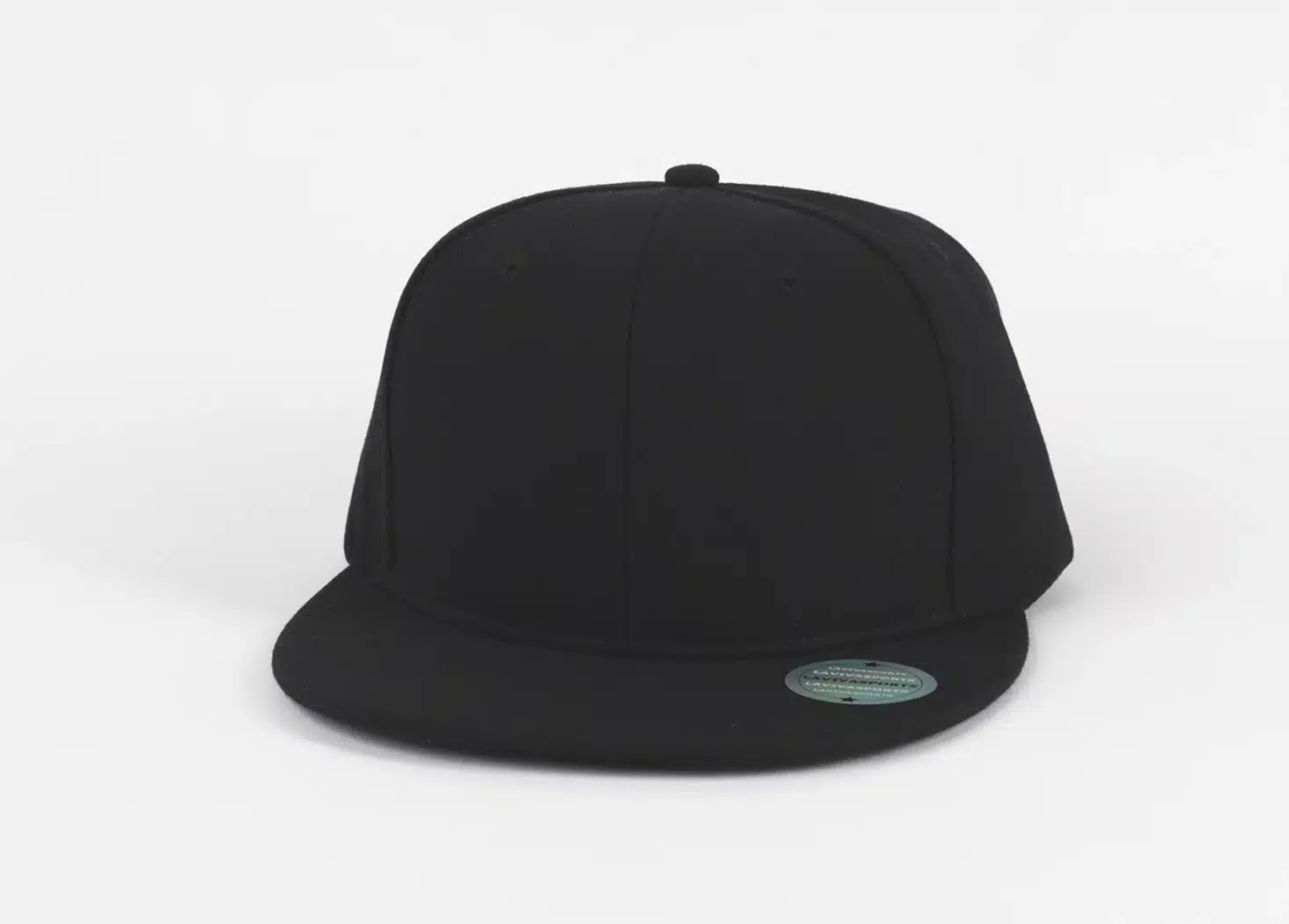 Black flat-brim baseball cap on a white background