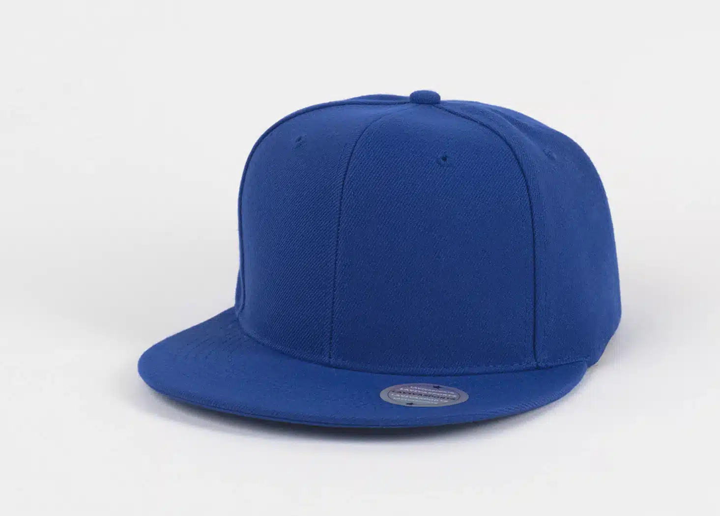 Blue flat brim snapback hat. Classic streetwear style.
