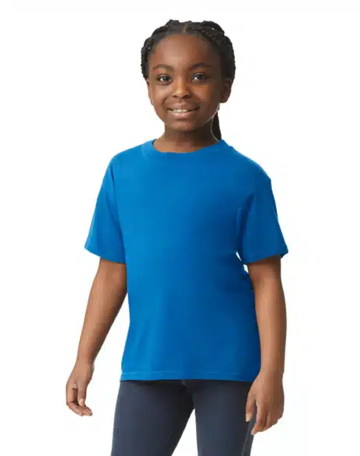 Girl in a bright blue t-shirt and leggings.