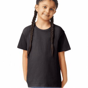 Girl wearing a Gildan SoftStyle Youth T-Shirt in black and blue jeans.