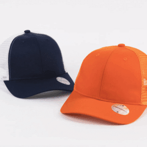 Two Laviva six-panel caps, one navy/white and one orange, sit on a white surface.