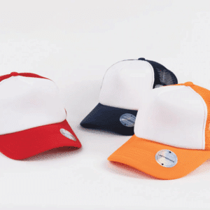 Three Laviva trucker caps: red, navy, and orange with white fronts.